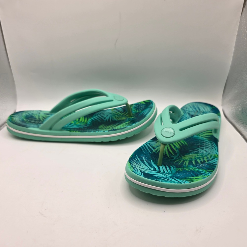 Crocs Crocband Tropical Palm Flip Flops Teal Green W8 Sandals